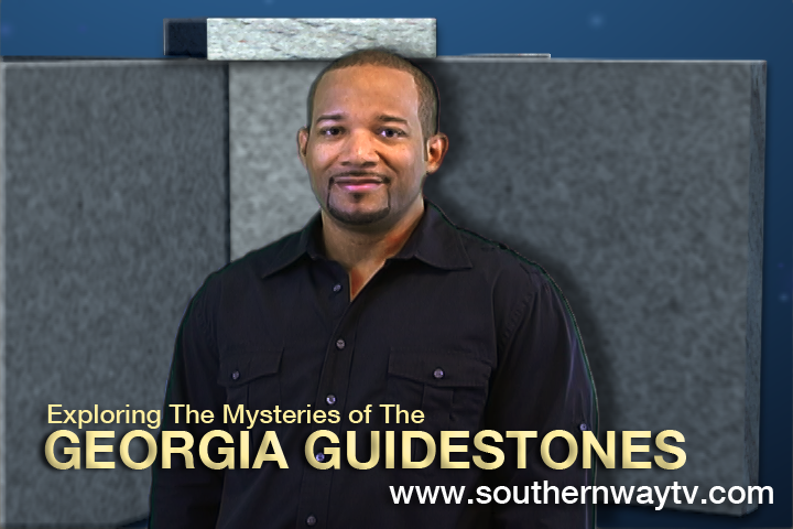 Image of host Darrell Lee standing in front of 3-D replica of Georgia Guidestones